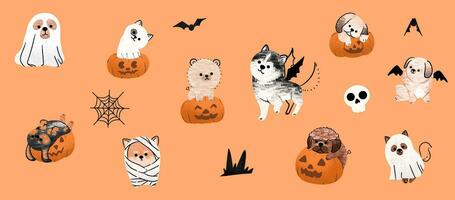 spookachtig poten' set, schattig halloween honden in vector. verschillend rassen don halloween charme. perfect voor creatief projecten vector