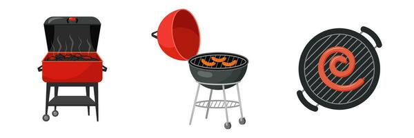 bbq partij achtergrond met rooster en brand. barbecue poster. vlak stijl, vector illustratie.