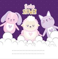 baby shower uitnodigingskaart schattig konijntje kat schapen dieren vector