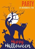 halloween illustratie met zwart kat Aan maan geel eng achtergrond. halloween partij uitnodiging met eng boom en graf. gelukkig halloween vakantie. poster en web spandoek. vector illustratie.