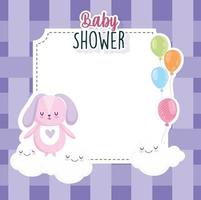 babyshower, konijntje met ballonnenwolken en geruite achtergrondkaart vector