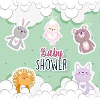 baby shower schattige kleine beer konijn leeuw en kat uitnodigingskaart vector