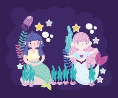 mooie zeemeerminnen cartoon zeewier zeester kwallen cartoon vector
