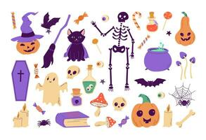 gelukkig halloween elementen set. skelet, geest, pompoen, knuppel, zwart kat, snoepjes, spinnen tekenfilm vector illustratie. perfect voor scrapbooken, uitnodiging, groet kaart, poster ontwerp