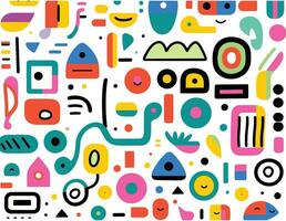 hand- getrokken meetkundig patroon met verschillend gekleurde vormen, in de stijl van minimalistische cartoons, grafisch zwart contouren, speelgoedkern, grillig minimalisme, kleurrijk figuren vector