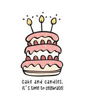hand- getrokken zoet roze verjaardag 3 laag taart met kaarsen tekening, vieren partij met schattig minimaal taart illustratie perfect voor groet kaarten. vector