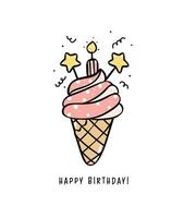 schattig roze verjaardag taart ijs room wafel met kaarsen minimaal tekening, vieren partij met schattig taart illustratie hand- tekening perfect voor groet kaarten. vector