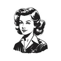jong meisje, wijnoogst logo lijn kunst concept zwart en wit kleur, hand- getrokken illustratie vector