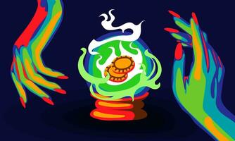 illustratie van een heks handen met een magie bal, fortuin voorspelling en gelukkig halloween opschrift voor een partij uitnodiging kaart, poster. de dag van de dood spandoek. het drukken in helder kleuren vector