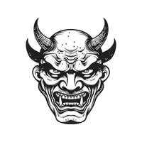 hannya Japans theater masker, wijnoogst logo lijn kunst concept zwart en wit kleur, hand- getrokken illustratie vector