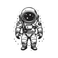 tekenfilm astronaut, wijnoogst logo lijn kunst concept zwart en wit kleur, hand- getrokken illustratie vector