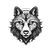 wolf hoofd, wijnoogst logo lijn kunst concept zwart en wit kleur, hand- getrokken illustratie vector