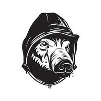 zwijn met capuchon, wijnoogst logo lijn kunst concept zwart en wit kleur, hand- getrokken illustratie vector
