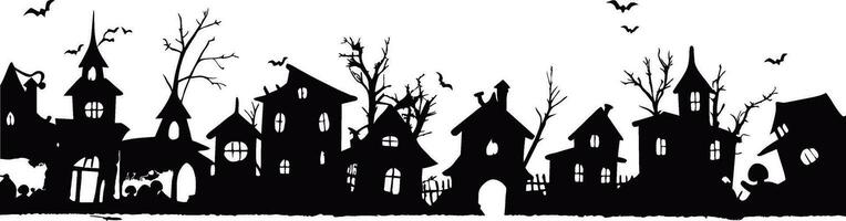 klein tekenfilm stad- silhouet huizen bomen zwart en wit. vector illustratie met fee stad- silhouet. halloween dorpelingen silhouet vector illustratie.