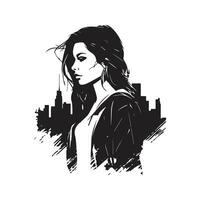stedelijk vrouw, wijnoogst logo lijn kunst concept zwart en wit kleur, hand- getrokken illustratie vector
