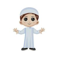 schattig jongen Moslim lezing boek vector icoon illustratie. Ramadan mascotte tekenfilm karakter. persoon icoon concept wit geïsoleerd. vlak tekenfilm stijl geschikt voor web landen bladzijde, banier, folder, sticker