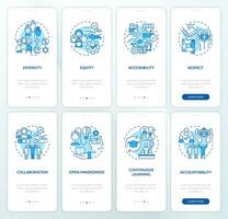 elementen van inclusie blauw onboarding mobiel app scherm set. walkthrough 4 stappen bewerkbare grafisch instructies met lineair concepten. ui, ux, gui sjabloon vector