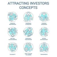 aantrekken investeerders concept turkoois pictogrammen set. bij betrekken financiering. opstarten eigenschappen idee dun lijn kleur illustraties. geïsoleerd symbolen. bewerkbare beroerte vector