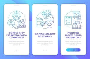 project planning stadia blauw helling onboarding mobiel app scherm. workflow walkthrough 3 stappen grafisch instructies met lineair concepten. ui, ux, gui sjabloon vector