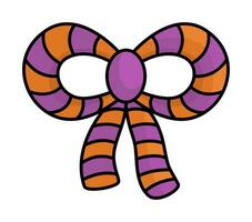 vector tekenfilm boog. schattig halloween oranje en Purper strik voor kinderen. grappig herfst allemaal heiligen dag accessoire. samhain partij lint icoon voor kinderen