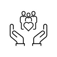 hand- met hart gemeenschap, icoon, concept empathie of liefdadigheid, solidariteit liefde, zorg mensen, vrijwilliger steun, dun lijn symbool Aan wit achtergrond - bewerkbare beroerte vector illustratie eps10