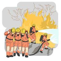 brandweerlieden proberen naar zetten uit Woud brand wildvuur woede brandend vector