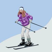 meisje Speel ski sport in berg winter sneeuwen Aan vakantie reis vector
