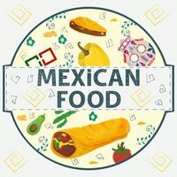 banner label ronde illustratie in een plat ontwerp op het thema van Mexicaans eten inscriptie naam alle elementen van het voedsel peper tortilla taco en burrito cactus paprika in een cirkel vector