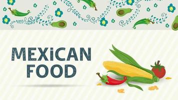 bannerillustratie voor een ontwerp in een vlakke stijl op het thema van Mexicaans eten inscriptie naam maïs maïs rode peper en tomaat vector