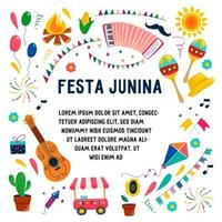 festa janina set vectorelementen en bewerkbare tekst geïsoleerd op de achtergrond. vreugdevuur, maracas, accordeon, gitaar, guirlande, vlaggen, karakters, maïs, ballen, vuurwerk, voetzoeker. vector