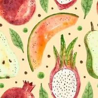 draak fruit meloen peer granaatappel aquarel naadloze patroon textuur tropisch zomer illustratie verpakking ontwerp inpakpapier gemakkelijk te veranderen achtergrond vector
