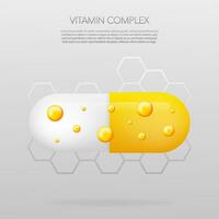 vitamine complex met realistisch pil Aan grijs achtergrond. deeltjes van vitamines in de midden. vector illustratie.