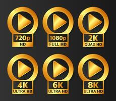 video kwaliteit badges in goud kleur Aan zwart achtergrond. hd, vol hd, 2k, 4k, 6k en 8k. vector illustratie.