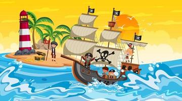 eiland met piratenschip bij zonsondergangscène in cartoonstijl vector