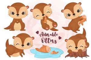 schattige kleine otters-collectie in aquarel vector