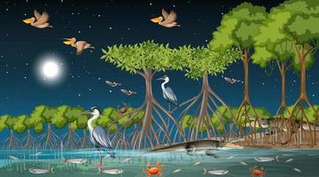 mangroveboslandschapsscène 's nachts met veel verschillende dieren vector