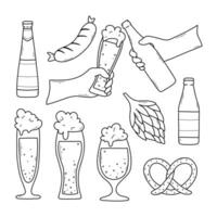 reeks van bier elementen in tekening stijl. vector illustratie. lineair verzameling van bril van bier, flessen van bier en bier snacks.