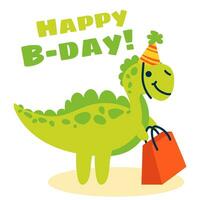 schattig tekenfilm spinosaurus in een feestelijk hoed en een pakket van geschenken. een vlak illustratie van een kinderen feestelijk dinosaurus. gelukkig verjaardag concept. vector dier karakter is perfect voor groet kaarten