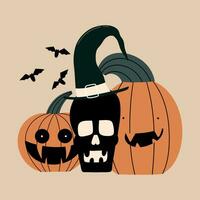 schedel en pompoenen voor halloween. vector illustratie in hand- getrokken stijl.