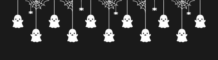gelukkig halloween banier grens met geest hangende van spin webben. spookachtig ornamenten decoratie vector illustratie, truc of traktatie partij uitnodiging