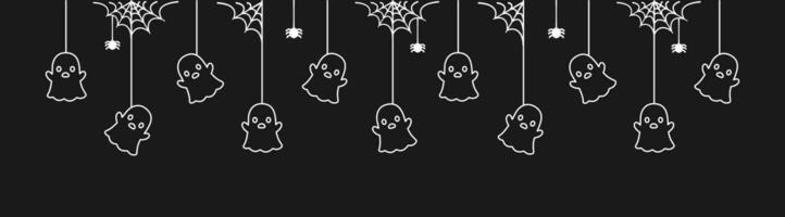 gelukkig halloween banier grens met geest hangende van spin webben tekening schets. spookachtig ornamenten decoratie vector illustratie, truc of traktatie partij uitnodiging