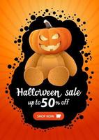 halloween-uitverkoop, tot 50 korting, verticale oranje bannersjabloon met knopwinkel nu en teddybeer met jack-pompoenkop vector
