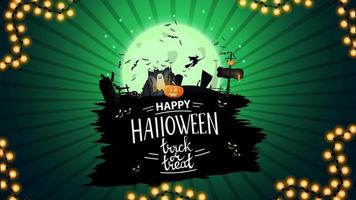 happy halloween, trick or treat, creatieve wenskaart met portaal met spoken en pompoen jack vector