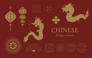 goud rood Chinese nieuw jaar element met draak, bloem, lantaarn vector