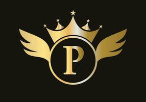 brief p vleugel logo concept met kroon icoon vector sjabloon. vleugel symbool