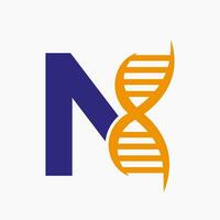 brief n dna logo ontwerp concept met dna cel icoon. Gezondheid zorg symbool vector