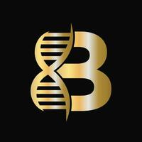 brief b dna logo ontwerp concept met dna cel icoon. Gezondheid zorg symbool vector