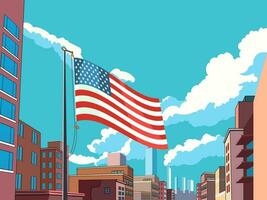 Amerikaans vlag golvend met wolkenkrabber gebouw van de stad in blauw lucht achtergrond. Verenigde Staten van Amerika nationaal festival viering banier ontwerp. vector