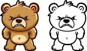 schattig boos tekenfilm beer vector illustratie, boos teddy beer, tekenfilm boos baby beer gekleurde en zwart en wit lijn kunst voorraad vector beeld