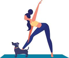 vrouw aan het doen yoga met haar hond, vlak stijl vector illustratie, vrouw aan het doen yoga Aan een yoga mat met een hond, vrouw yoga poses met huisdieren, voorraad vector beeld